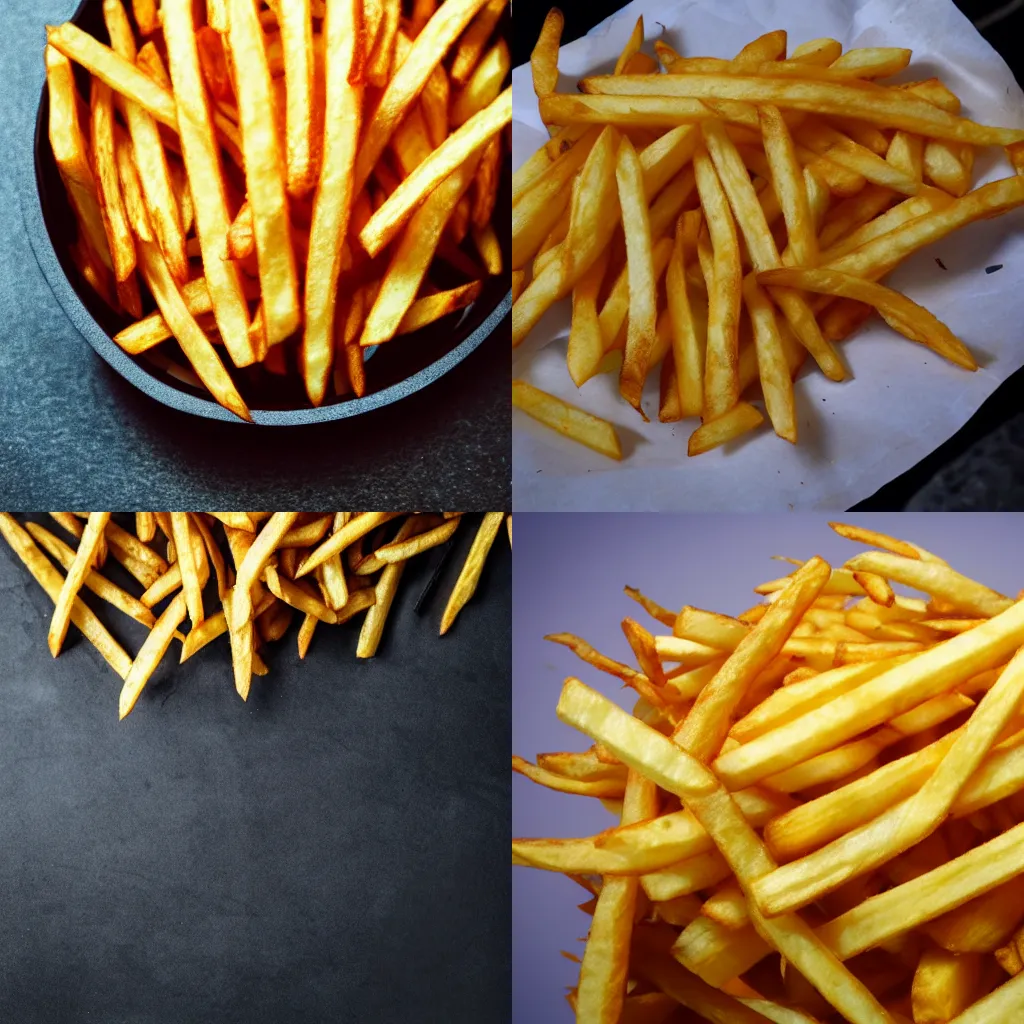 Prompt: Fish Eye Lens Photo Of A Giant French Fries, 4K, Photorealistic