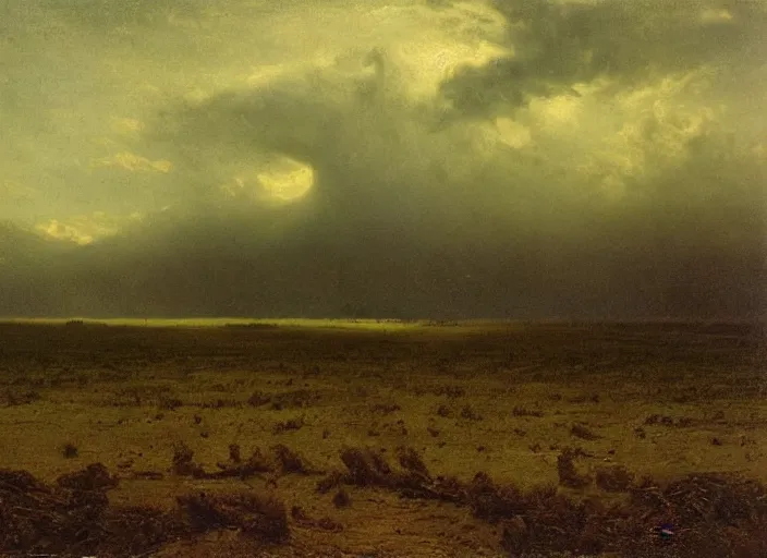 Prompt: a vast muddy field with many corpses buried underneath it, albert bierstadt, landscape, dark and scary