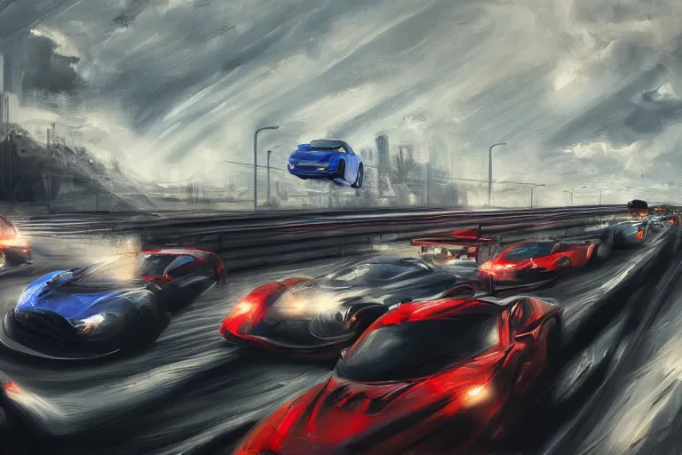 Prompt: modern cars racing on a highway, digital painting, mixed media, trending on artstation and deviantart, epic composition, highly detailed, 8 k