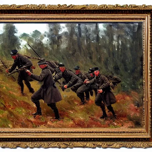 Image similar to ww 1 german soldiers advancing through european forest brush, long grey capes with red accents, 1 9 0 5, oil on canvas, william james aylward, harvey dunn, john singer sargent