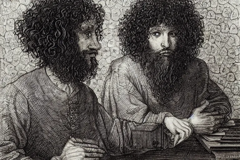 Prompt: an annoyed curly - haired persian guy programmer by leonardo davinci and mc escher