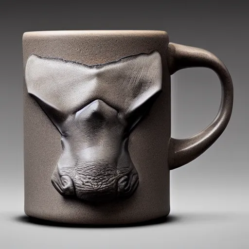 Image similar to a mug with shape of a rhino head, high quality product photography, behance, pinterest