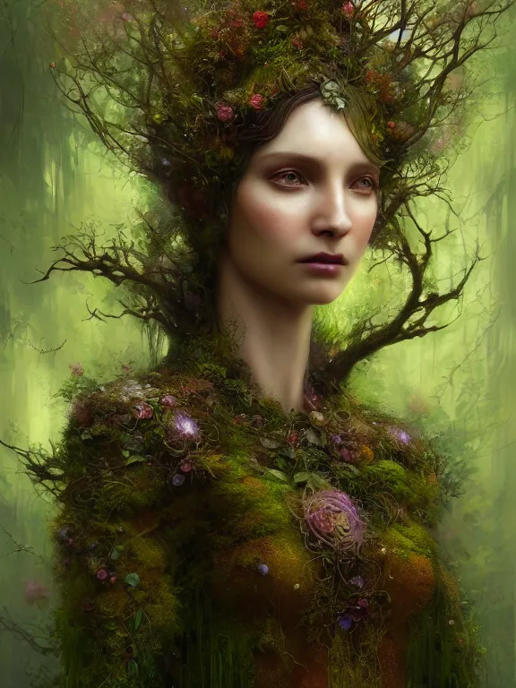 Image similar to Full View Portrait Mystical ethereal Forest deity wearing beautiful dress, vines tree bark moss Dryad made of forest beautiful dress, 4k digital masterpiece by Craig Mullins and Ruan Jia and Tom bagshaw, Alberto Seveso, fantasycore, Hyperdetailed, realistic oil on linen, soft lighting, kush background, featured on Artstation, textured, stylized, intricate details