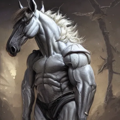 Prompt: an exaggeratedly muscular anthropomorphized horse whose body bulges with muscle wearing a kevlar combat outfit in a research facility, long white mane, equine, anthro art, furaffinity, highly detailed, digital painting, artstation, concept art, illustration, art by artgerm, greg rutkowski, ruan jia
