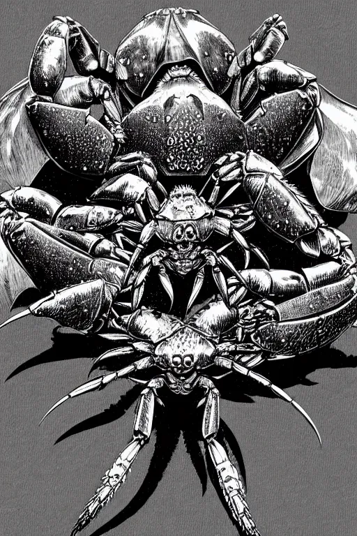 Prompt: crab humanoid heavily armoured, symmetrical, highly detailed, digital art, needles, hermit crab, chitin, sharp focus, trending on art station, kentaro miura manga art style