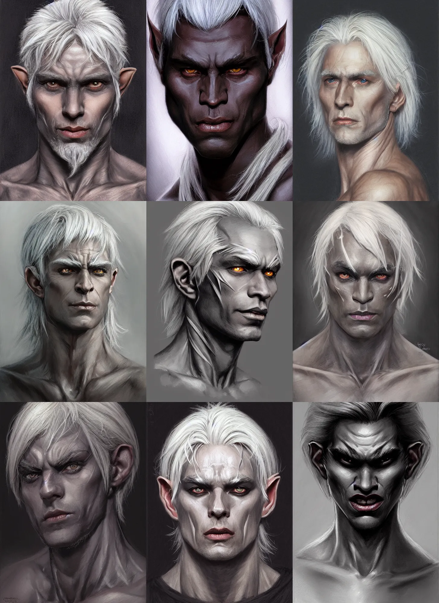 Prompt: a head portrait of a dark drow elf male, medium length white hair, charcoal skin, smooth skin, young adult, happy, pointed chin, charcoal color skin, curious, style by donato giancola, wayne reynolds, jeff easley dramatic light, high detail, cinematic lighting, artstation, dungeons and dragons