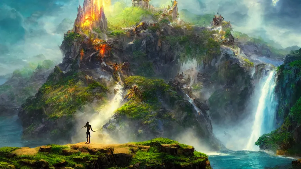 Prompt: A Fantasy Warrior, standing on a cliffside, beside a beautiful colourful waterfall, over looking a large Fantasy city in the middle of the ocean, trending artstation, 8k, highly detailed, matte painting, concept art, over the shoulder wide shot