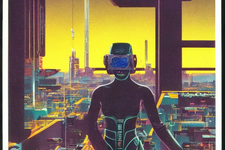 Prompt: 1979 OMNI Magazine Cover of vervet monkey in Mongolian armor. window showing neo-Tokyo streets behind her. in cyberpunk style by Vincent Di Fate