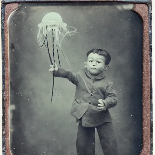 Image similar to tintype photo, boy rides a ant, underwater, jellyfish