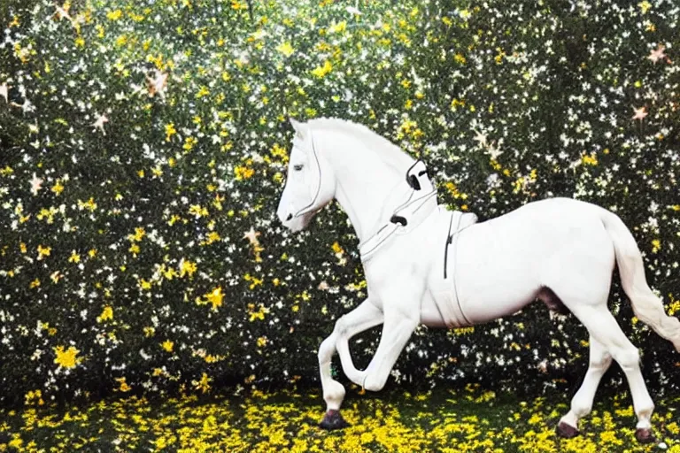 Prompt: an astronaut rode a white horse in a forest of osmanthus, surrealistic style