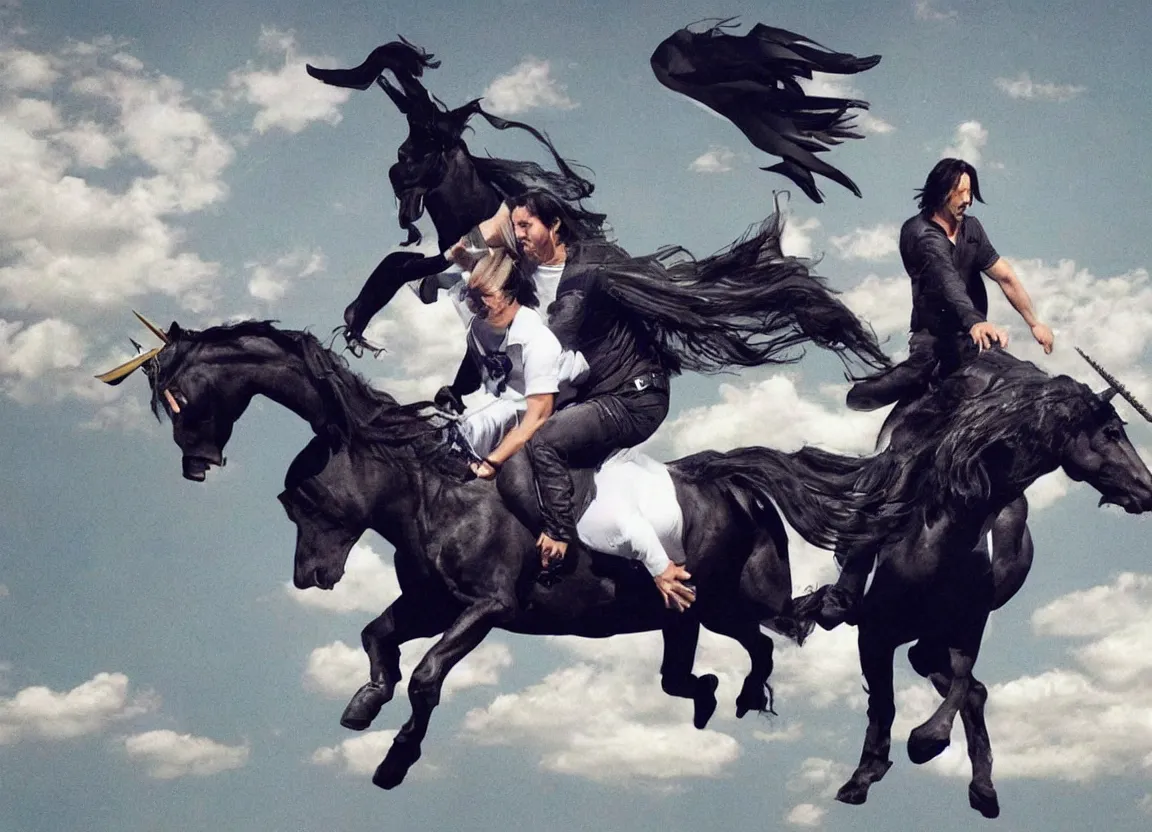 Prompt: keanu reeves riding a flying unicorn