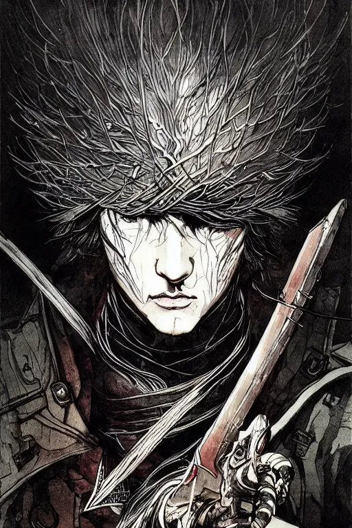 Prompt: portrait of a bloodborne hunter, sumi - e style, masterful, intense, concept art, detailed, intricate linework, art by yoji shinkawa