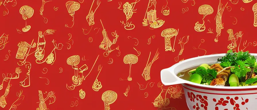 Image similar to a beautiful simple 4 k hd red wall paper illustration of roasted string hotpot, red wallpaper design, simple style, gourmet style, commercial kebab hotpot wallpaper display, wall painting, from china, with merchant logo, simple structure, surrealistic, chinese style, victo ngai, james jean, denoise, deblurring