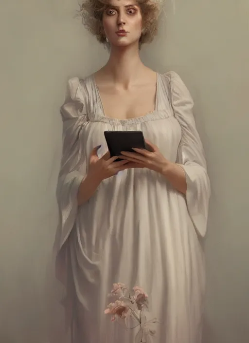 Prompt: upper body portrait of a beautiful maiden in a victorian nightgown holding a futuristic tablet, award winning, masterpiece digital painting by greg rutkowski, alex grey, artstation, 4 k wallpaper,