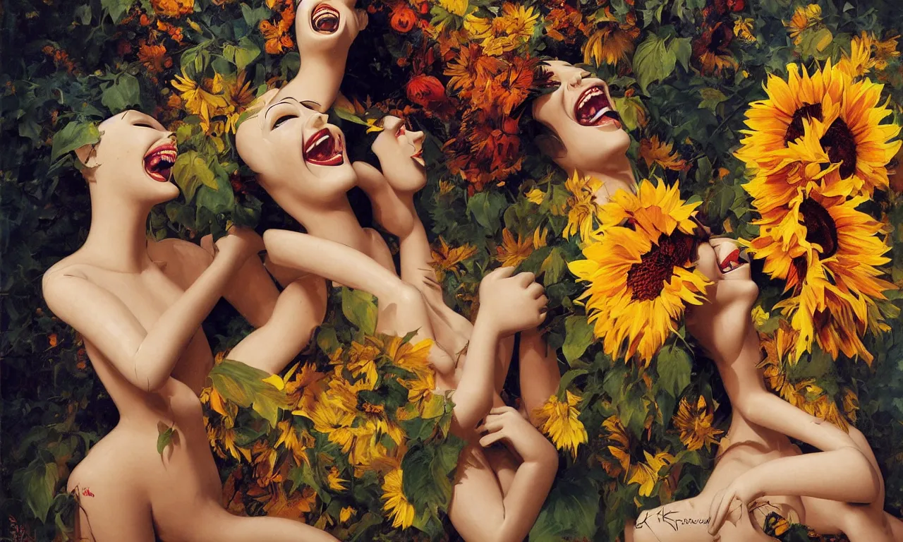 Image similar to a portrait of a beautiful female mannequin, a jointed wooden art doll, laughing with her mouth open, happiness, sunflowers, by Rolf Armstrong, by Esao Andrews, by Karol Bak