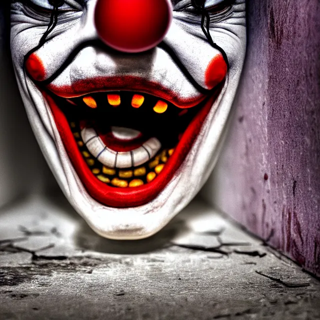 Image similar to scary clown hiding under bed highly detailed, 8 k, hdr, smooth, sharp focus, high resolution, award - winning photo