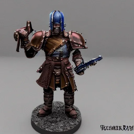 Prompt: warhammer fantasy battle, empire handgunner, detailed human face, brown hair, detailed blue eyes, strong arms, armored legs, torso plate armor, anatomically correct, realistic, hyper realistic, miniature, model, 3 d printed, base