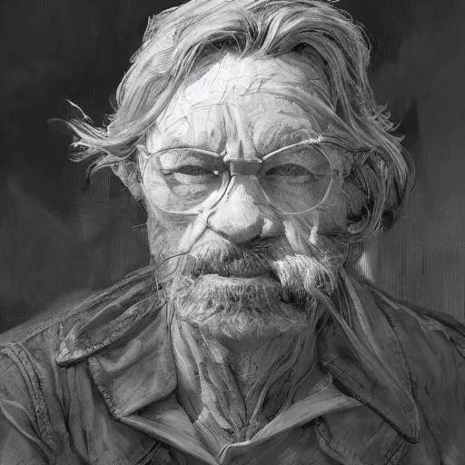 Image similar to portrait of a old, ruggedly handsome man holding a corgi dog, soft hair, muscular, full body, cloth, hairy, d & d, fantasy, intricate, elegant, highly detailed, digital painting, artstation, concept art, smooth, sharp focus, illustration, art by artgerm and greg rutkowski and alphonse mucha