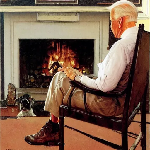 Image similar to eye level portrait painting by Norman Rockwell of Joe Biden sitting in a chair. Cozy fire. Legs apart