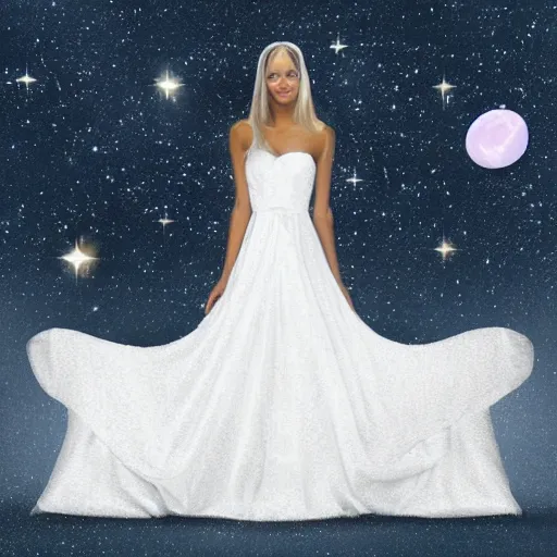 Image similar to beautiful cosmic wedding dress, white background, space print