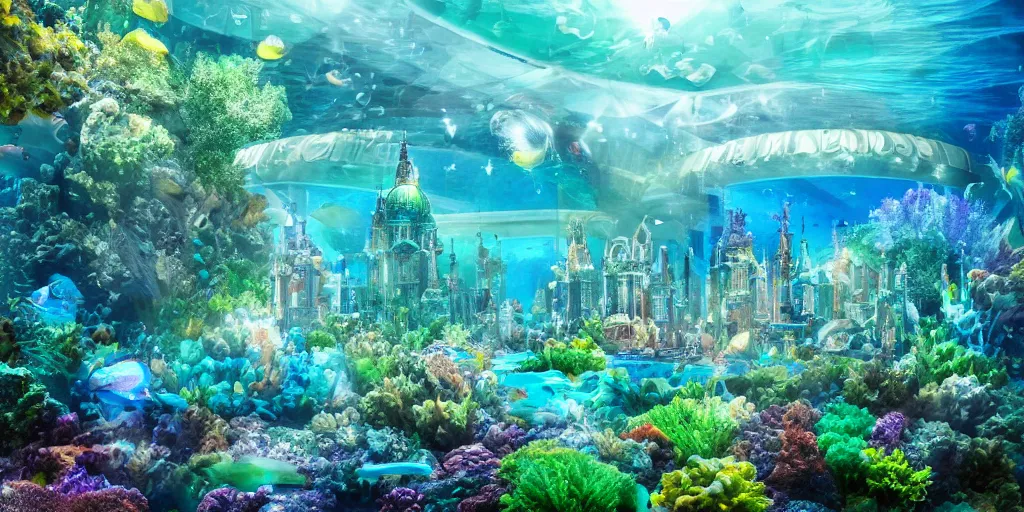 Image similar to underwater dome city with green and blue lights