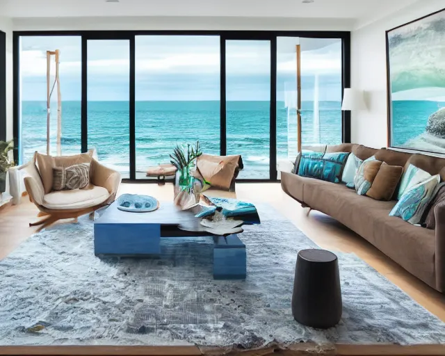 Image similar to A modern living room in a ocean hues style, inspired by the ocean, ocean view, luxurious wooden coffee table, calm, relaxed style, harmony, wide angle shot, 8k resolution