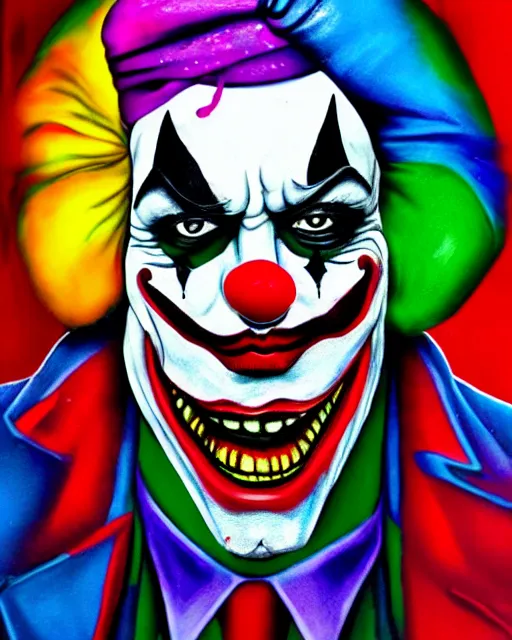 Image similar to joker paint face, clown, turban, barong family, wiwek, mara demon, rich deep vivid colors paint, paint by barong family and wiwek. masterpiece