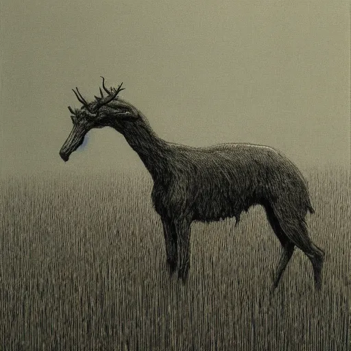 Image similar to A scary animal like creature standing in a lush green field, drawing by Beksinski