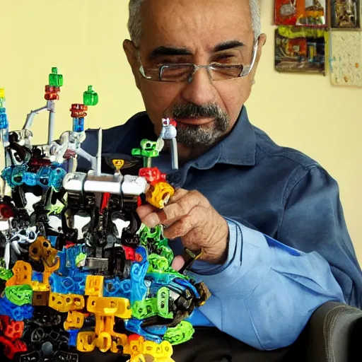 Prompt: uaddam hussein playing with bionicles, realistic, hyperdetailed