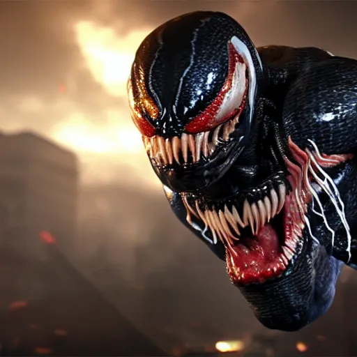 Image similar to venom from spiderman roaring, 8k, hyper realistic,fine details, foreboding