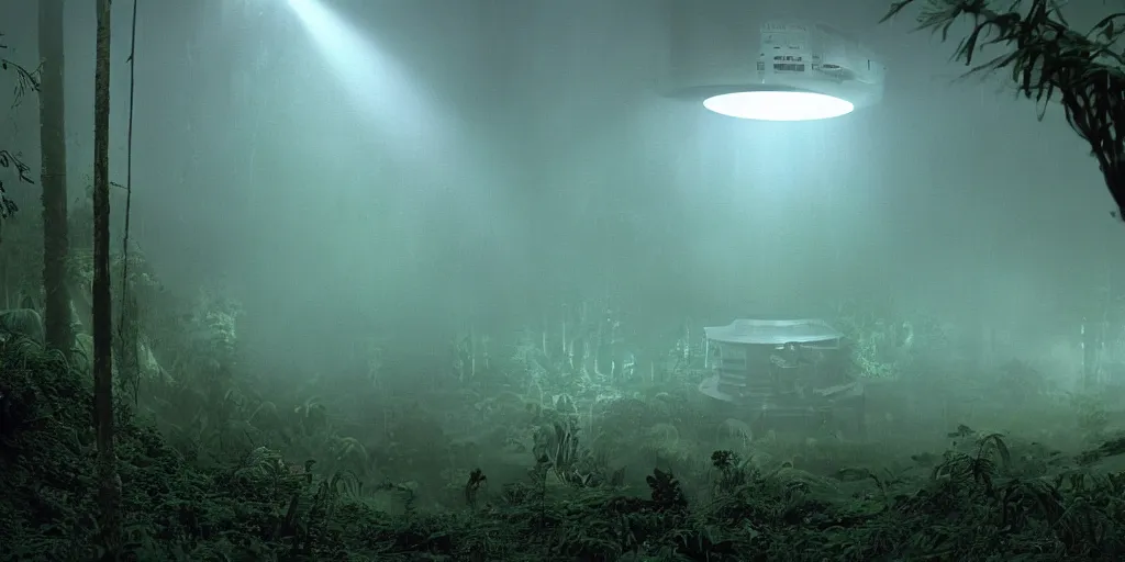 Image similar to film still of a dark futuristic scientific research outpost with complicated machinery and lasers in a moist foggy jungle, science fiction, ridley scott, lights through fog, futuristic outpost building, wet lush jungle landscape, dark sci - fi, 1 9 8 0 s, beige and dark atmosphere, ridley scott