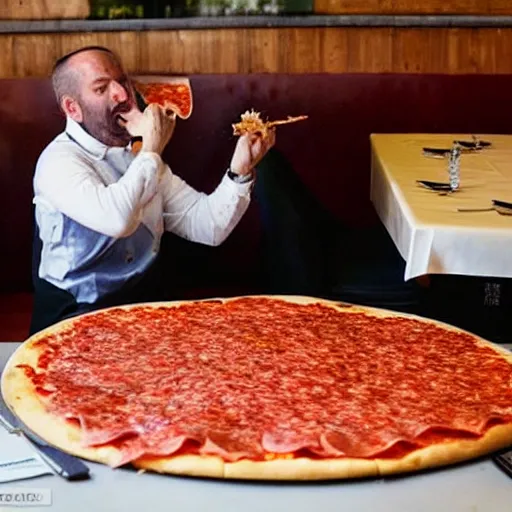 Prompt: A man eats a 48 inch pepperoni pizza, guiness book of world records, in an italian eatery, photography