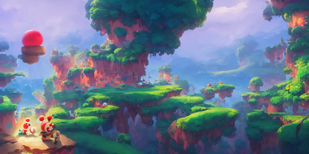 Image similar to dynamics matte painting acrylic blur oil marioworld wonderland yoshi kurbi dofus, behance hd by jesper ejsing, by rhads, makoto shinkai and lois van baarle, ilya kuvshinov, rossdraws global illumination