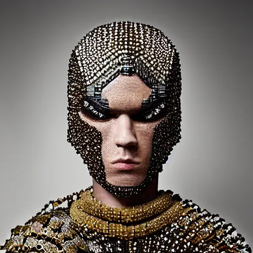 Prompt: a portrait of a beautiful young male wearing an alexander mcqueen armor made of beads , photographed by andrew thomas huang, artistic