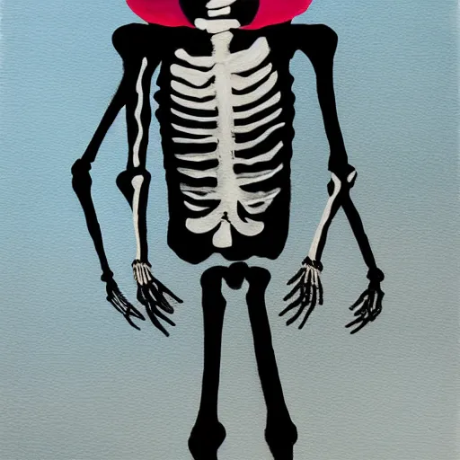 Image similar to smiling skeleton with puffy blue jacket and black shorts, painting