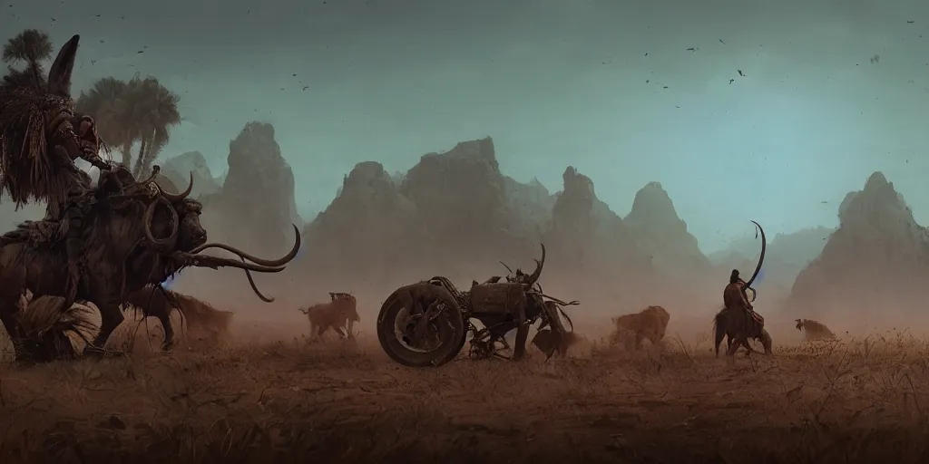 Image similar to an ancient tribesman driving an ancient motorcycle, hunting buffalo ,attacking, chase, action scene, an epic fantasy, dramatic lighting, cinematic, establishing shot, extremely high detail, photorealistic, cinematic lighting, artstation, octane render, by simon stalenhag, horizon forbidden west,old photo, vintage