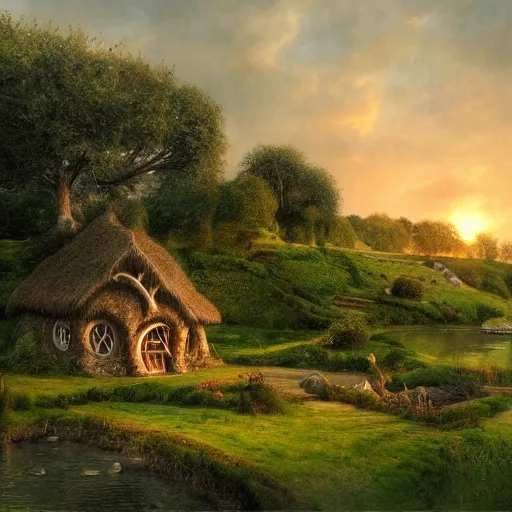 Prompt: Hobbiton by the river at the countryside in the evening, highly detailed matte painting, Alan Lee, Artstation,