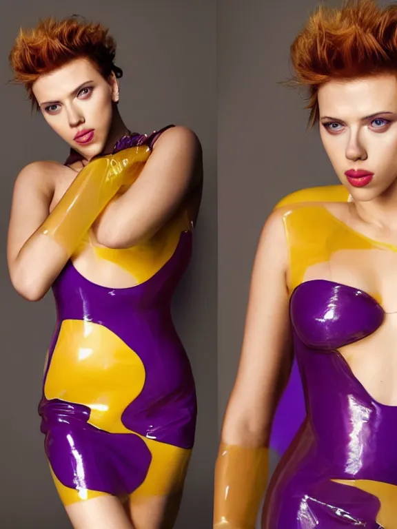 Prompt: sexy Scarlett Johansson wearing Translucent purple and Gold latex dress fashion photoshoot