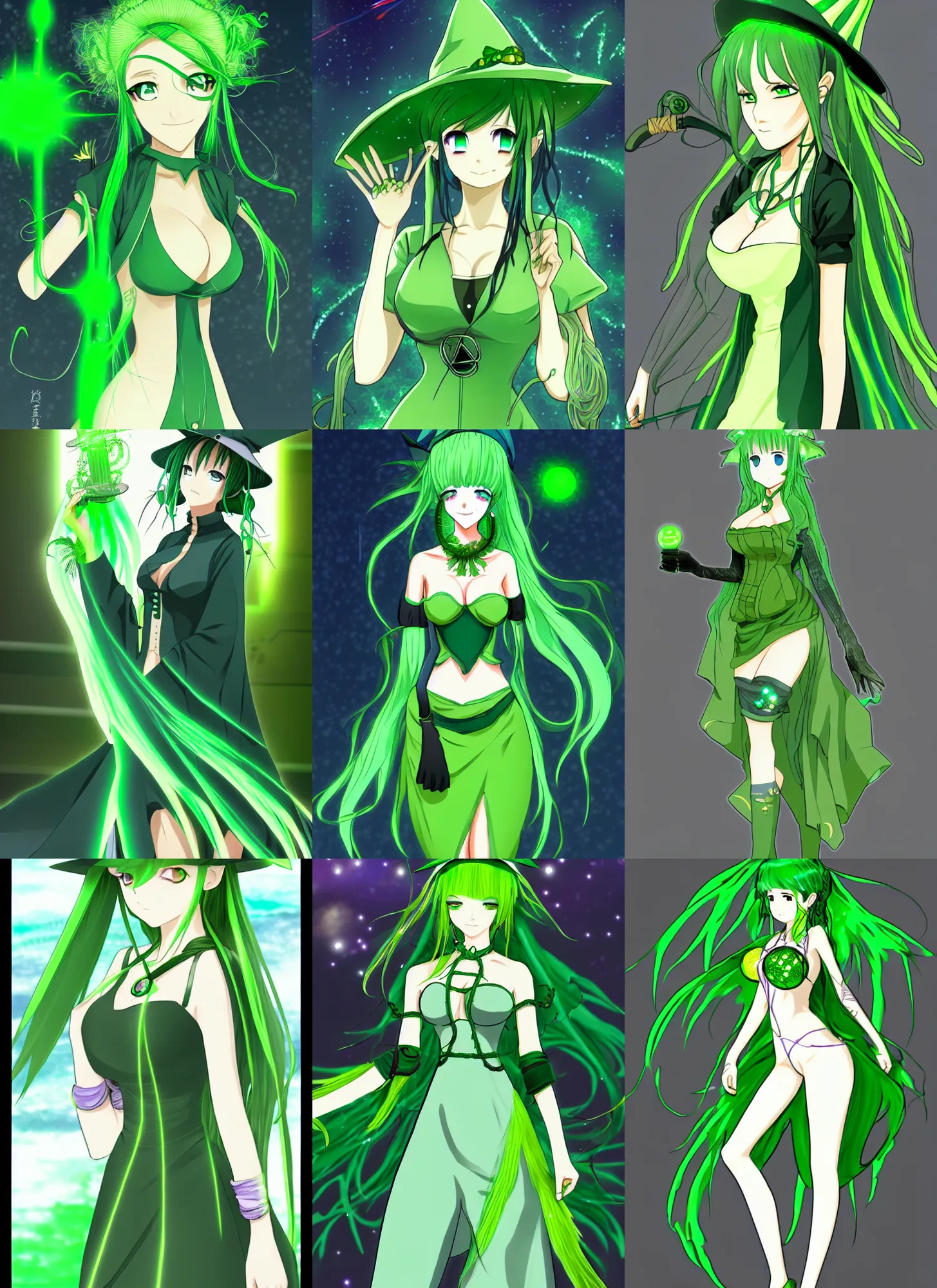 Image similar to a attractive solarpunk anime green witch. ultra clear detailed.