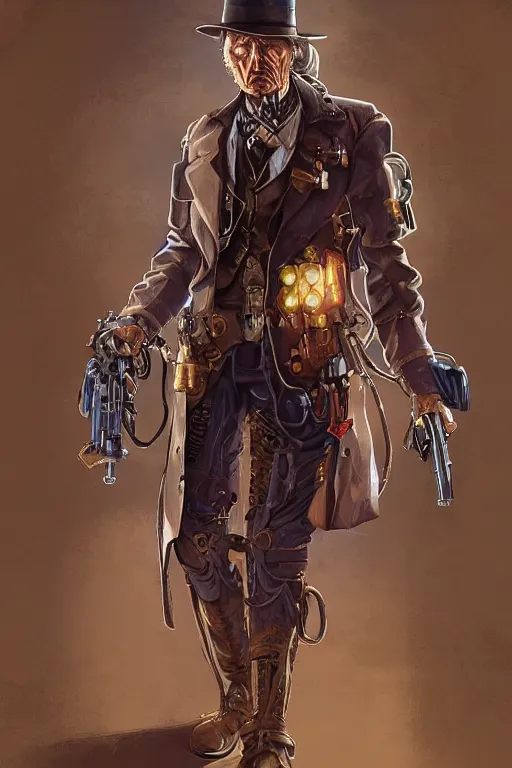 Image similar to clint eastwood as a steampunk cyborg gunslinger, portrait, western, duster, fantasy, intricate, elegant, highly detailed, digital painting, artstation, concept art, sharp focus, illustration, style of studio ghibli, makoto shinkai, raphael lacoste, louis comfort tiffany, artgerm, james jean, ross tran