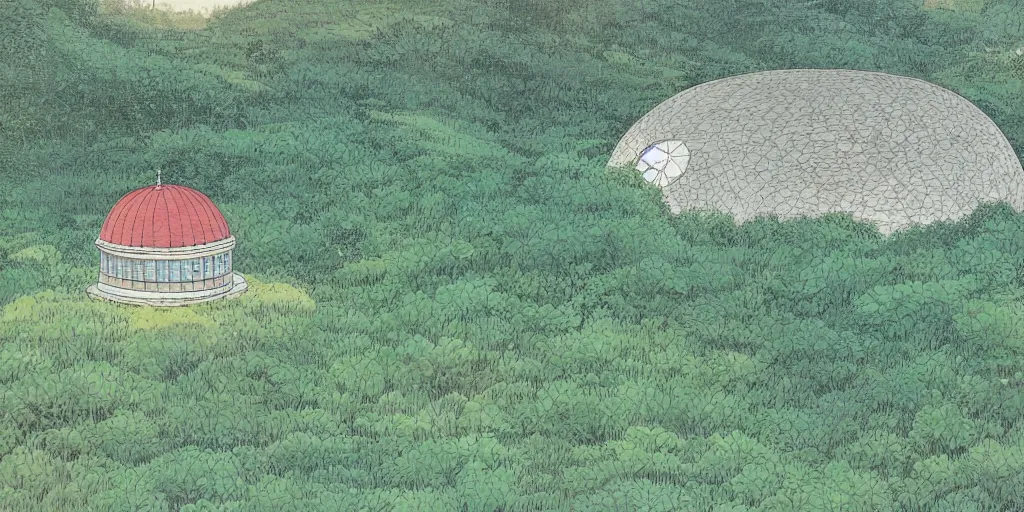 Prompt: round glass dome built into a hillside, by a river and fields, Hayao Miyazaki