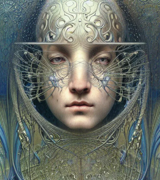 Image similar to detailed realistic beautiful young medieval robot face portrait by jean delville, gustave dore and marco mazzoni, art nouveau, symbolist, visionary, gothic, pre - raphaelite. horizontal symmetry by zdzisław beksinski, iris van herpen, raymond swanland and alphonse mucha. highly detailed, hyper - real, beautiful