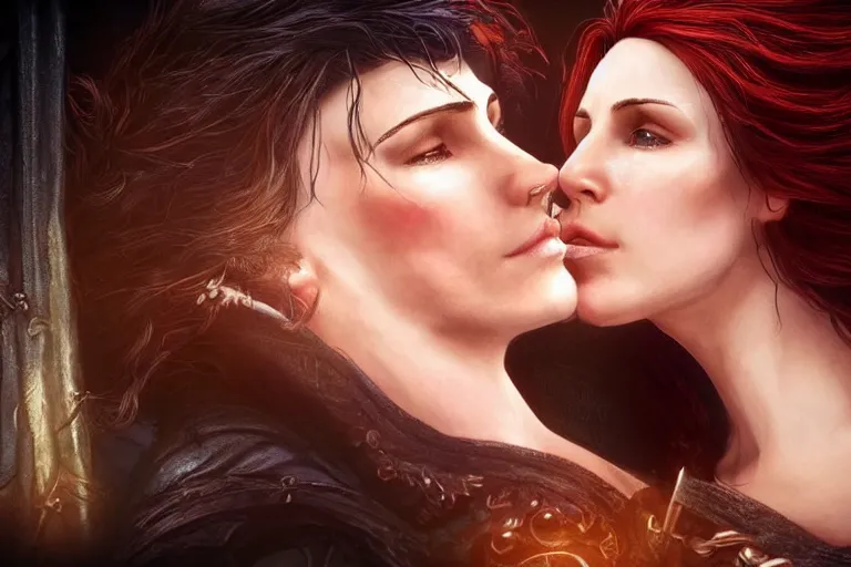 Prompt: yennefer of vengerberg kissing triss merigold. photo - realistic hd, hyperrealism, colourful, highly detailed, cinematic, luminescence, 3 2 k, dop, high contrast, intricate, mystery, epic, fantasy