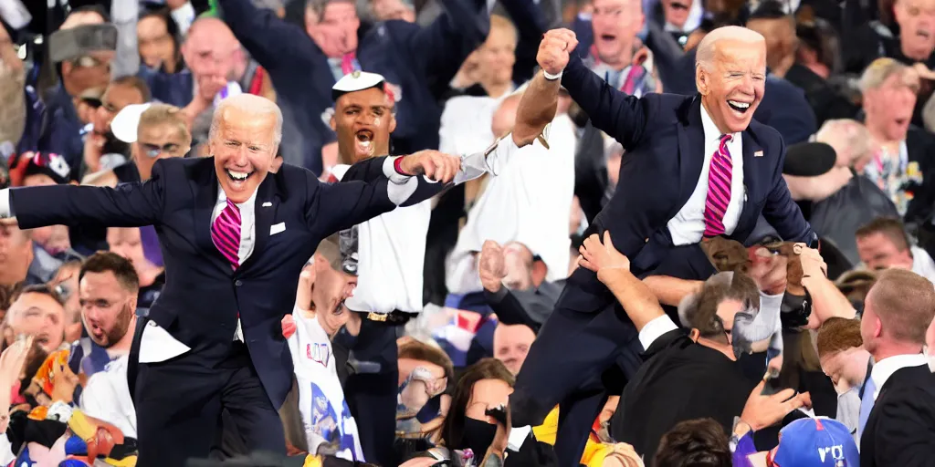 Prompt: joe biden hit with chair at wrestlemania, detailed facial expressions, hyper detailed