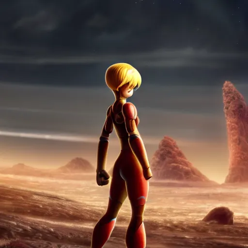 Prompt: Samus Aran standing on a desolate planet, Pixar movie still, official media, 4k HD, by Bill Pressing