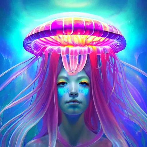 Prompt: iridescent portrait of the jellyfish goddess, jellyfish shrine maiden, jellyfish temple, undersea temple, underwater shrine, neon jellyfish, art by jarold Sng, by artgerm, by Eddie Mendoza, by Peter mohrbacher, by tooth wu, by trending on artstation, cgsociety unreal engine, octane render, cinematic light, high details, iridescent colors, macro, cyan and magenta, rainbow colors, cinematic top lighting, insanely detailed and intricate, Charlie Bowater, golden ratio, symmetric, elegant, ornate, luxury, elite, matte painting, cinematic, trending on cgsociety, 8k, high resolution, rich deep colors