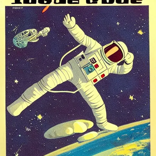 Prompt: astronaut floating in space, Vintage Magazine Illustration