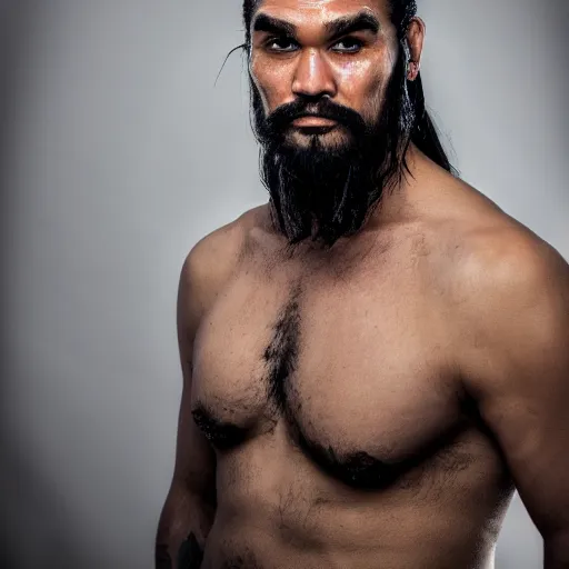 Prompt: portrait of khal drogo from games of thrones, mascular, symmetrical, nikon 3 5 mm photography, ultrarealistic