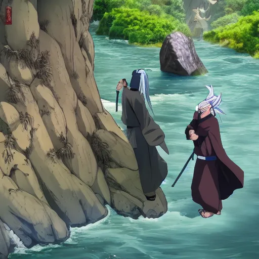 Image similar to 8 k uhd, statue, hashirama senju vs madara uchicha, 3 2 feets, river, mount, historical place, pilgrims, offerings, clan priest, highly details content