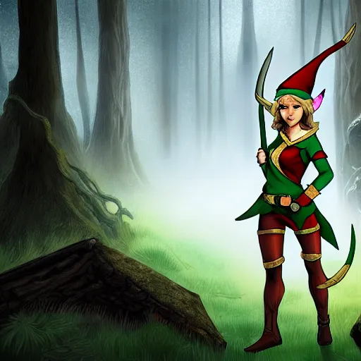 Image similar to Freya Allan as elf ranger, wide angle, ratio 16:9, background is an ancient ruin in a forest, dramatic lighting, concept art, award winning, illustration by  Jack Kirby